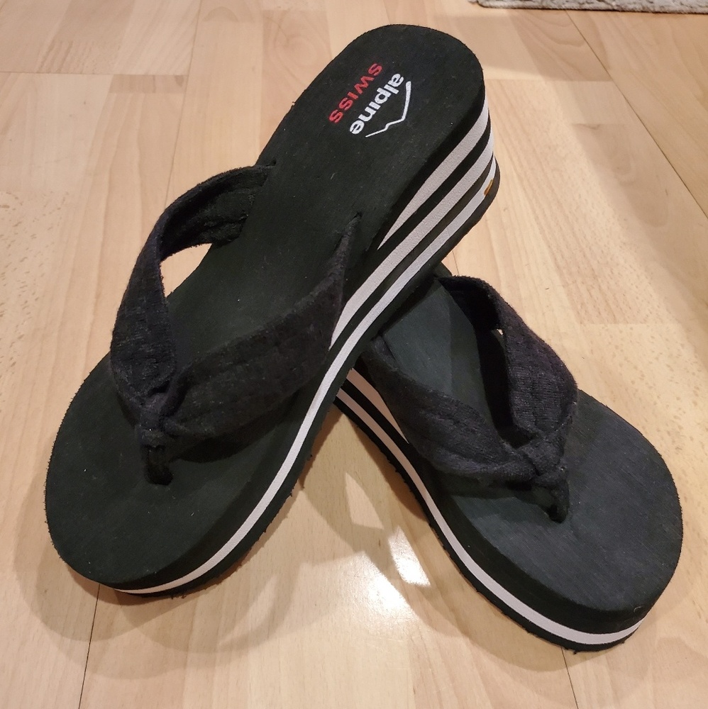 Alpine Swiss Black & White Stripe Wedge Flip Flop